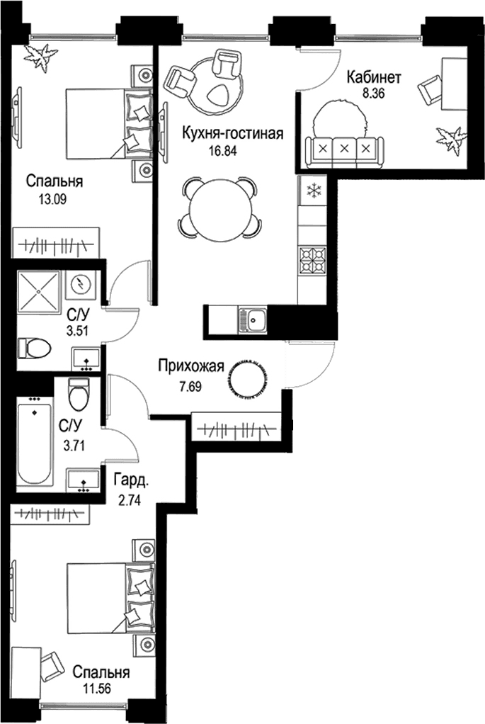 Планировка 4-комн.+